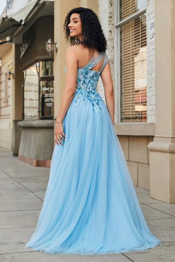 Splendido abito da ballo corsetto azzurro monospalla una linea con appliques